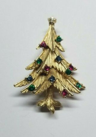 Vintage Crown Trifari Goldtone Christmas Tree Holiday Rhinestone Brooch C108