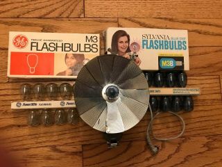 Vintage Honeywell Tilt - A - Mite Camera Flash Unit Sylvania Blue Dot Bulbs,