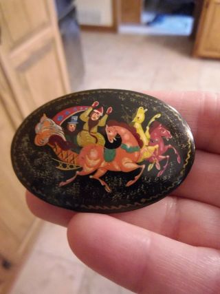 Vintage Russian Painted Pin Brooch Black Lacquer Signed Folk Art Horse Sleigh