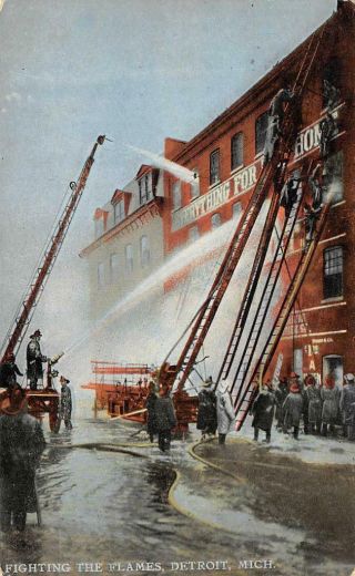 " Fighting The Flames " Detroit,  Mi Fire Department Firemen 1915 Vintage Postcard