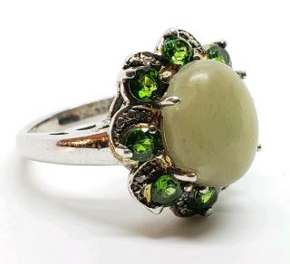 Lovely Vintage Signed 925 Sterling Silver Green Agate & Glass Gem Floral Ring
