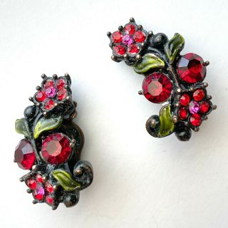 Vintage Ruby Red & Pink Rhinestone Enamel Leaf Flower Clip Earrings 289