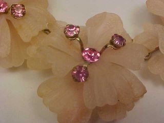 Unique Vintage Goldtone & Pink Lucite/Rhinestone Flower Necklace & Earrings Set 2