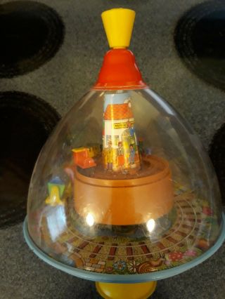 Vintage Large Tin Bottom Plastic Top Spinning Top Toy With Train