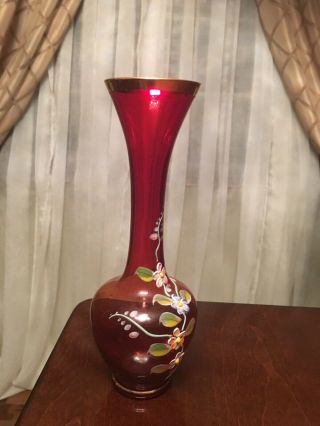 Rare Vintage Hand Painted Floral Cobalt Red Glass Vase 8.  5 " Tall