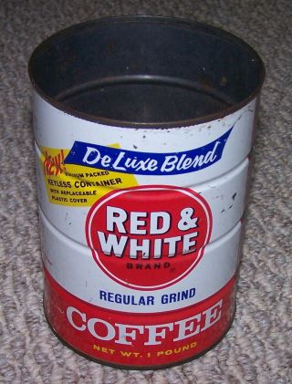 Vintage Red & White Brand One Pound Coffee Tin Can No Lid Deluxe Blend Keyless