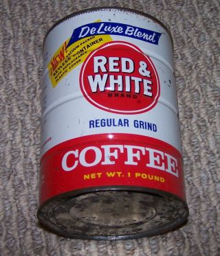 Vintage Red & White Brand One Pound Coffee Tin Can No Lid Deluxe Blend Keyless 2