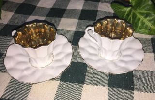 Vintage Porcelain Mini Tea Cups and Saucers White W/ Gold Inside 2