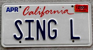 2001 California Vanity License Plate " Sing L " Hey.  I 