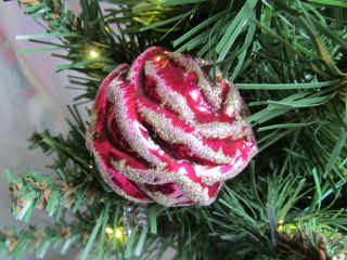 Vintage German ? Rose Clip On Blown Glass Christmas Ornament