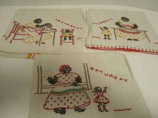 3 Vintage Kitchen Towels Black Memorabilia Cross Stitch Wed - Thurs - Sat