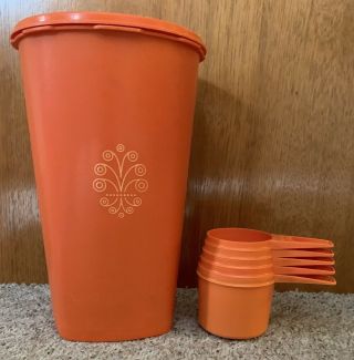 Vintage Orange Tupperware Canister 1222 10.  5” And Orange Measuring Cups