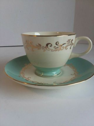 Vintage Lifetime China Co Gold Crown Pattern Teacup & Saucer Robins Egg Blue