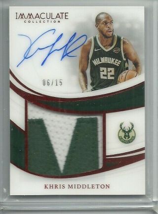 2018 - 19 Immaculate Khris Middleton Premium Patches Letter Auto Red 6/15 Bucks