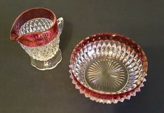 Vintage Indiana Glass Ruby Red Flash Diamond Point Creamer And 5” Salad Bowl