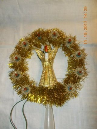 Vintage Gold Plastic Angel Christmas Tree Topper Orange Lights W Gold Tinsel 8 "