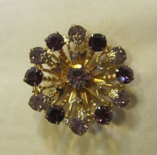 Vintage Gold Tone Flower Brooch With Purple And White Rhinestones