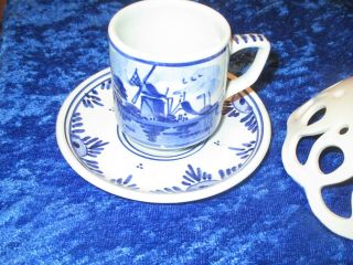 Vintage 3 Delfts Blue & White Trinket Dish Cup & Saucer Holland WINDMILL 3