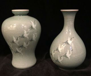 Set Of Two Vintage Chinese Green Celadon Vases With Cranes