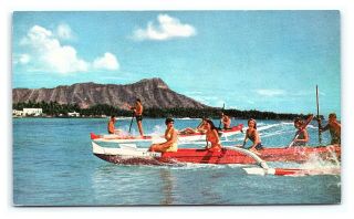 Vintage Postcard United Airlines Waikiki Hawaii Outrigger Canoe R8