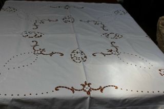 Vintage Fab Cotton Snowy White Tablecloth Punch Work Embroidery Cut Work 50x52