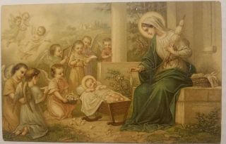 Vintage 1908 Postcard - Nativity - Jesus & Mary W/ Yarn,  Many Little Angels Singing