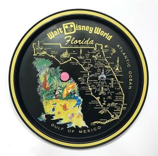 Vintage Walt Disney World Orlando Florida State Map 11 " Round Metal Black Tray