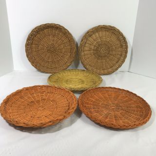 5 Vintage Wicker Rattan Paper Plate Holders Orange Yellow Brown