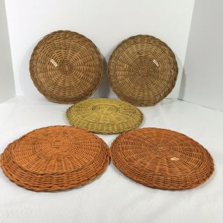 5 Vintage Wicker Rattan Paper Plate Holders Orange Yellow Brown 2