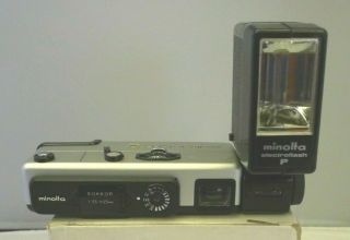 Minolta 16 Qt Subminiature Camera,  Minolta P Flash & Shoe Mount Flash Adapter