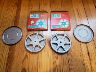 3 Vintage 8mm Film Metal Take Up Reels And Canisters - Scherer Dual 8 With Boxes