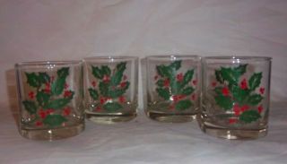 Set Of 4 Vintage Indiana Glass Holly 8 Ounce Flat Juice Glasses