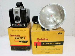 Vintage 1950s Eastman Kodak Brownie Hawkeye Camera & Flash W/ Boxes