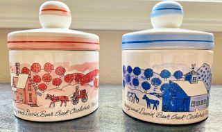 Set Of 2 Red & Blue Harry & David Ceramic Jam Jars Crocks Vintage Made In Japan