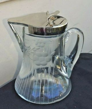 Vintage Heisey Etched Floral Glass Syrup Pitcher With Metal Lid - Perfect