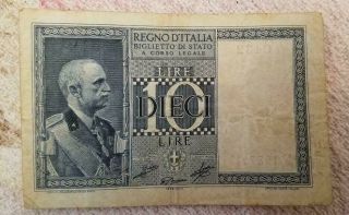 Vtg.  Regno D’italia Biglietto Di Stato 10 Dieci Lire 1939 Banknote Paper Money