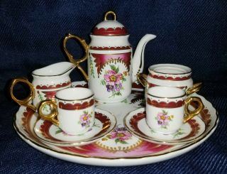 Vintage Porcelain 9pc Children’s Tea Set Childs Dishes Mini Teapot Sugar Creamer