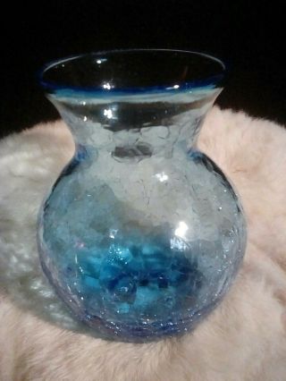 Vintage Blenko Blue Crackle Glass Vase 5 Inches