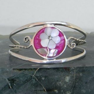 Mexican Baby Cuff Bracelet Alpaca Silver Vtg 4 - 7/8 " Purple Abalone Inlaid W82