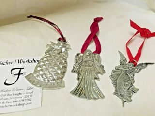 1 Pewter Pineapple Ornament & 2 Silver Tone Angel Metal Ornaments,  Marked,  Vtg