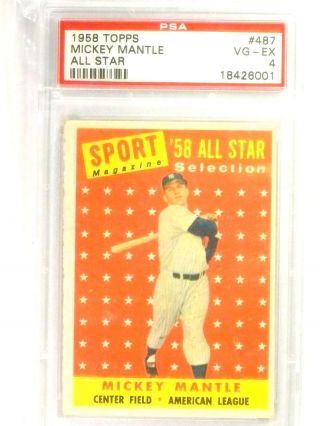 1958 Topps All Star Mickey Mantle As 487 Psa 4 Vg - Ex Yankees 76899