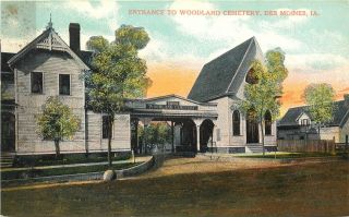 Vintage Postcard Entrance To Woodland Cemetary Des Moines Iowa Ia Polk County