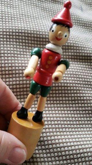 Vintage Toy Wood Wooden Boy Pinnochio Thumb Push Button Puppet Collapse 6 "