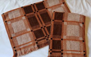 2 Vintage Lady Pepperell Hand Towels Fringe Brown Plaid