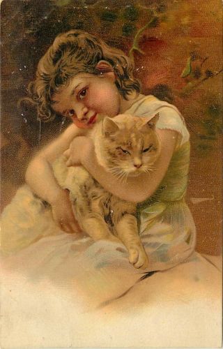 Vintage Pck Art Postcard Little Girl Cuddling Her Big Orange Cat,  Undivided Back