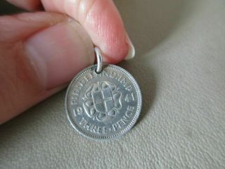 Vintage English Sterling Silver 1941 Lucky Threepence Coin Fob Charm Pendant Old