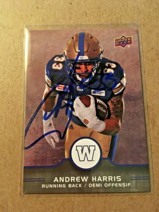 Andrew Harris Signed 2016 Upper Deck Cfl Football Card 73 Winnipeg Blue Bombers