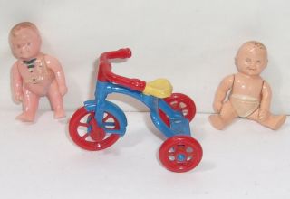 Vintage Renwal Hard Plastic Baby Dolls & Tricycle Doll House Miniatures