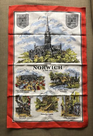 Vintage Retro Tea Towel Norwich A Fine City Souvenir Irish Linen Made In Uk