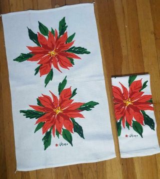 2 Vintage Vera Christmas Tea Towels Or Guest Towels Poinsettias